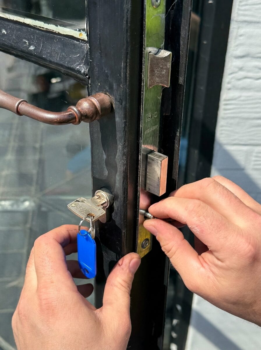 Louis opent een deur met de sleutel in de cilinder